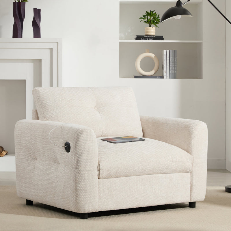 42*33' Single Sofa, Armchair with Wide Seat, Dual-port Charger, Pull-line & Tufted Design, High-density Foam, Suitable for Living Room & Apartment, Chenille, 2 Colors