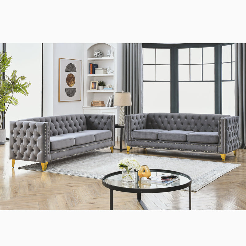 {Contact us for 3D modeling}  Velvet Sofa for Living Room,Buttons Tufted Square Arm Couch, Modern Couch Upholstered Button and Metal Legs, Sofa Couch for Bedroom, Grey Velvet .2PCS