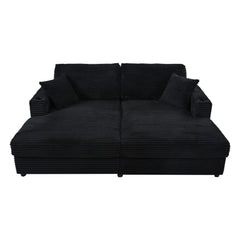 Oversized Loveseat Chaise Lounge Sectional Sofa Bed with USB Ports, Cup Holders, and Pillows, Black Corduroy