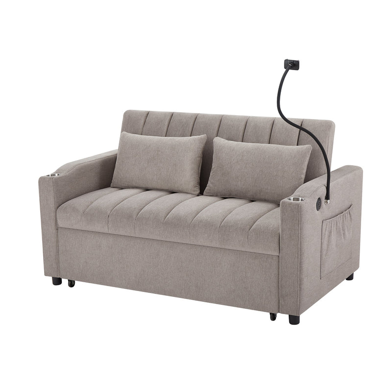 Convertible Sofa Bed Loveseat with USB Ports, Side Pockets, Cup Holders & Swivel Phone Holder, Light Grey Bella Fabric