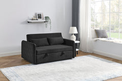 55' Modern Convertible Sofa Bed with 2 Detachable Arm Pockets, Velvet Loveseat Sofa with Pull Out Bed, 2 Pillows and Living Room Adjustable Backrest, Grid Design Armrests