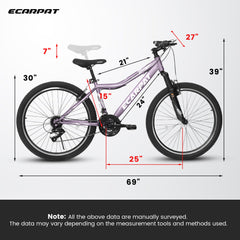 A26208 Ecarpat 26  Inch Mountain Bike, 21-Speed V-Brake, Front Suspension,  Carbon Steel Frame Mountain Bike For  Teenagers Girls Women Bicycles