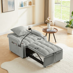 3-in-1 Convertible Sleeper Chair Sofa Bed, Adjustable Pull Out with Multi-Pockets in Gray Velvet