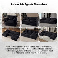 Modern Chenille Deep Seat Sectional Sofa Cloud Couch with Ottoman, Comfy Love Seat Upholstered Modular L Shaped Couch, Black
