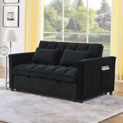 Sleeper Sofa, Convertible Sofa, Recliner, Bed, 3-in-1, 3-Position Adjustable Backrest, 2-Seater Sectional, Two Side Pockets, 2 Pillows for Living Room, Apartment, etc., Velvet Black 54' Wide.