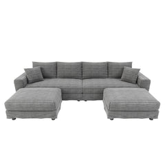 104.3 ' Plush Corduroy 4-Seat Sofa, Modern Comfy Upholstered Sofa Cloud Couch, Deep Seat Couches with Soft Pillows and 2 Ottomans, Convertible Sofa Lounge Chair, for Living Room,Apartment,Office,Grey