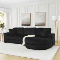 Corduroy Tufted Upholstered Sleeper Sectional Sofa, L-Shaped Modular Convertible Sofa , The arc-shaped footstool can be placed freely on the left and right-Black