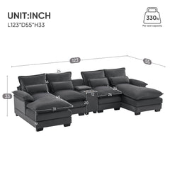 Modern U-shaped 6-Seat Sofa with Console, Cupholders, USB Ports, Velvet Upholstery in Gray