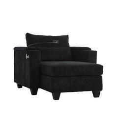 Convertible Chaise Lounge Sofa Chair Bed with USB Ports, Cup Holders & Storage, Black Corduroy, 37.4'