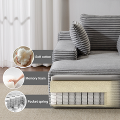 Oversized Chaise Lounge Chair Cozy Cloud Couch, Modern Plush Corduroy Upholstered Sleeper Sofa Daybed with 3 Throw Pillows and Wide Armrest for Living Room, No Assembly Required,Grey
