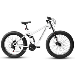 A26309 26 inch Mountain Bike,Full-Suspension 21 Speeds Drivetrain with Disc-Brake MTB Bicycle, 26*4' Fat tire Bike for Men white