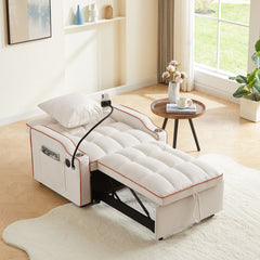Convertible 3-in-1 Sofa Bed with USB Port and Multi-Pockets in Beige Velvet