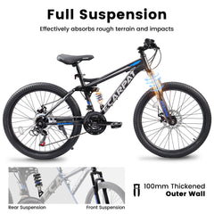 A2460 24 Inch Mountain Bike with Full Suspension, 21 Speed Shifter Lever with Gear Indicator, High Carbon Steel Frame, Mechanical Disc Brakes, Unisex for Men/Women/ Adults, Ideal for Trails.