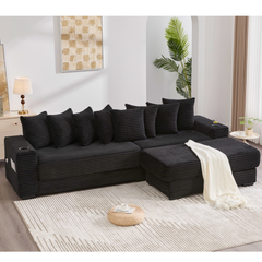 [NEW ARRIVED] [VIDEO PROVIDED] 110.75' Modular L Shaped Sofa, Corduroy Fabric Sectional Couch,With a movable footstool, Cup Holders,Bring 8 throw pillows,Side Pocket,Unfold into a Bed,Black