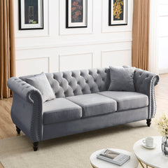 [Video] 80' Chesterfield Sofa Grey Velvet for Living Room, 3 Seater Sofa Tufted Couch with Rolled Arms and Nailhead for Living Room, Bedroom, Office, Apartment, two pillowsW834S00009