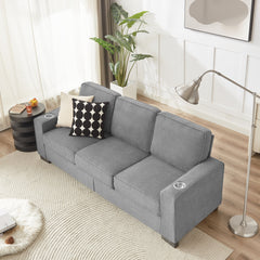 Modern Snowfleece Fabric 3-Seater Sofa with Cup Holders in Gray, 83.86'
