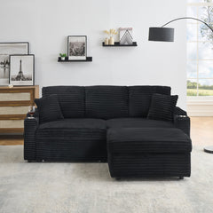 80' Corduroy Multi-Function Sofa with Hidden Reclining, Space Saving Design, Armrests, Cup Holders and Removable Footstool, Black