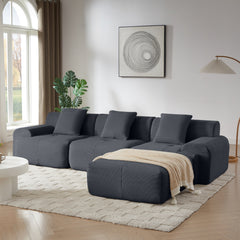 Modern L-Shaped Modular Sectional Sofa with Corduroy Upholstery in Dark Gray, Oversized 3-Seater Couch with Deep Seat and Movable Ottoman – No Assembly Required