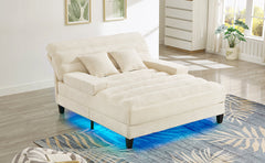 Modern Chaise Lounge Sofa 57.1' Sofa Bed Chenille Upholstered Lounge Sofa Chair with Adjustable Backrest and LED Light Strip, Beige