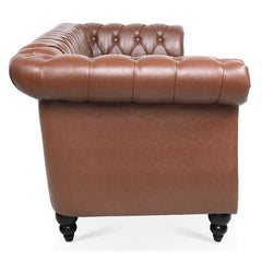 Classic Chesterfield Three Seater Sofa Brown PU Leather with Rolled Arms and Birch Legs 84.65 Inches