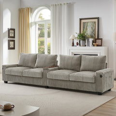 Modern 4-Seater Corduroy Sofa Couch with USB Ports, Hidden Storage Arms, and Flip-Top Cup Holders, Brown, 133 Inches