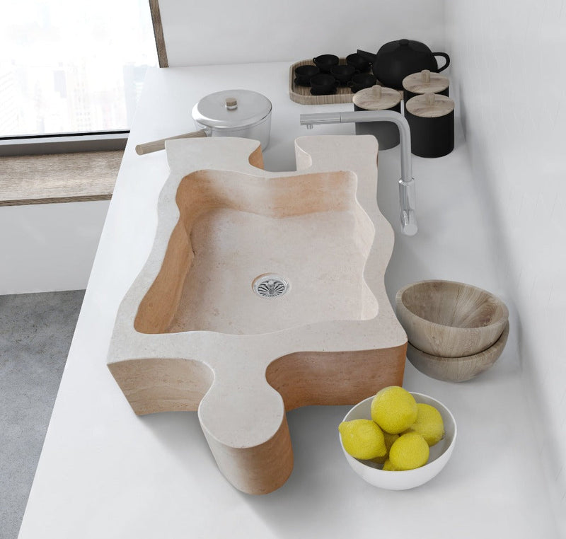 Natural Stone Beige Travertine Above Counter Puzzle Shape Sink (W)16
