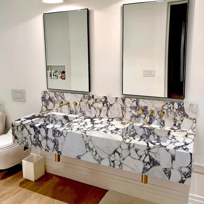Calacatta Viola Marble Double Sink Wall-mount Bathroom Sink with 10