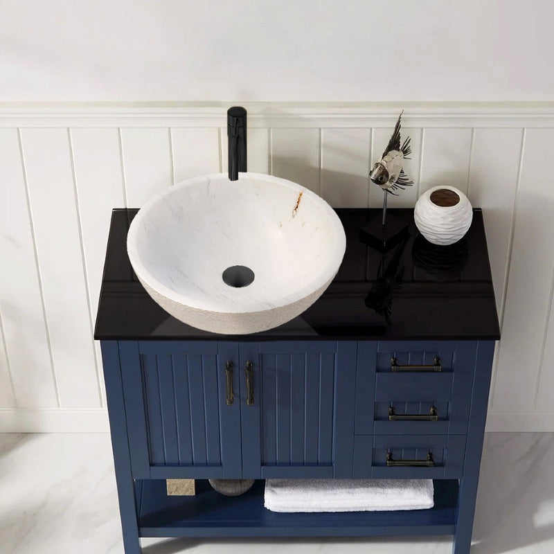 Calacatta White Marble Vessel Sink Bowl Polished Interior and Rough Exterior  (D)16