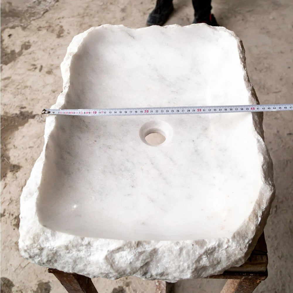 Carrara Marble Rustic Natural Stone Vessel Sink Polished Interior Hand Chiseled Exterior (W)16" (L)22" (H)5"