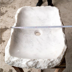 Carrara Marble Rustic Natural Stone Vessel Sink Polished Interior Hand Chiseled Exterior (W)16" (L)22" (H)5"