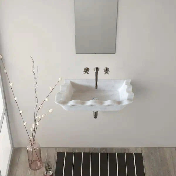 Carrara White Marble Rectangular Wall-mount Wavy Edges Bathroom Sink (W)16