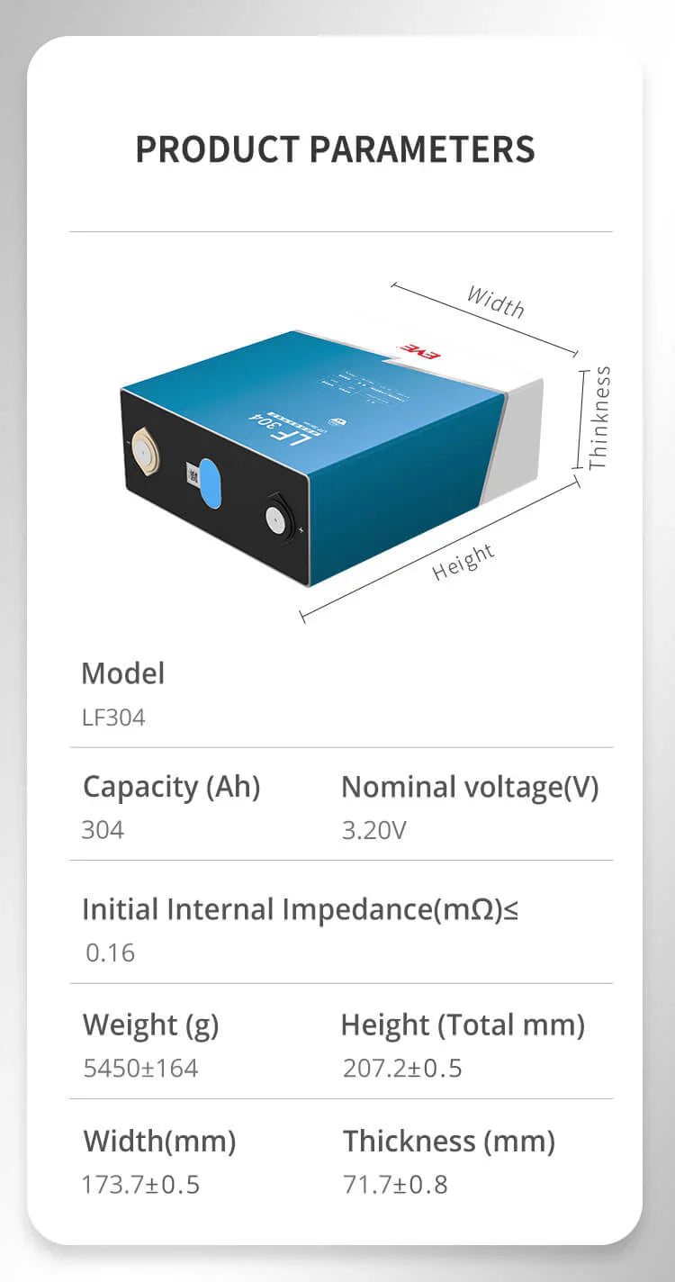 Full Battery 3.2V 314Ah EVE LiFePO4 LFP battery cells - 1 kWh per cell - Pack of 2 lf314-2pk