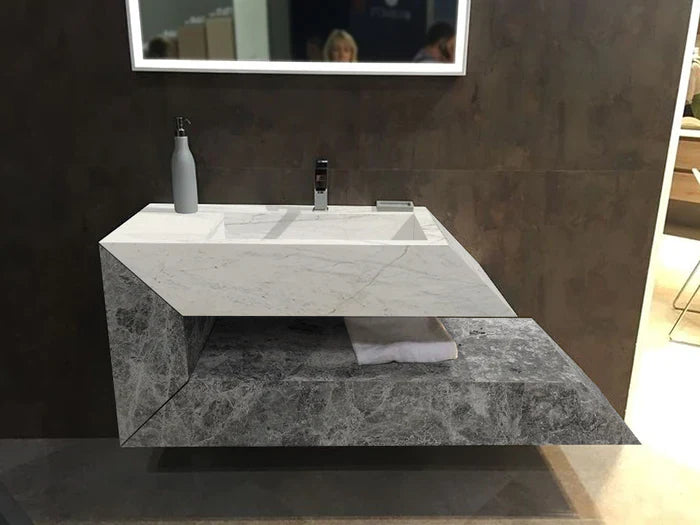 Imperial White and Tundra Gray Marble Designer Wall-mount Bathroom Sink (W)18