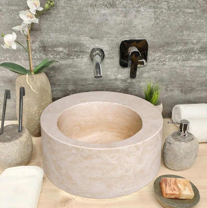 Natural Stone Light Beige Travertine Round Sink Honed (D)18