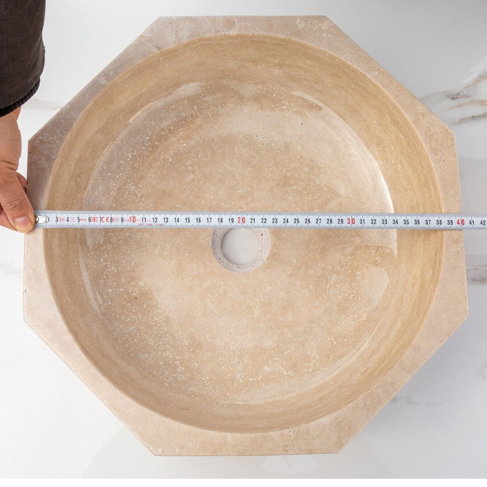 Light Beige Travertine Octagon Vessel Sink Bowl Polished (D)16" (H)5"