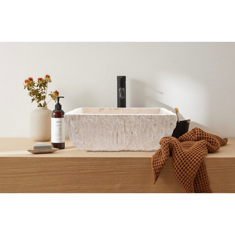 Troia Light Rustic Natural Stone Vessel Sink Honed Interior Hand Chiseled Exterior (W)12