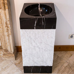 Natural Stone Marble Pedestal Sink Toros Black/Carrara White  (W)16" (L)16" (H)36"