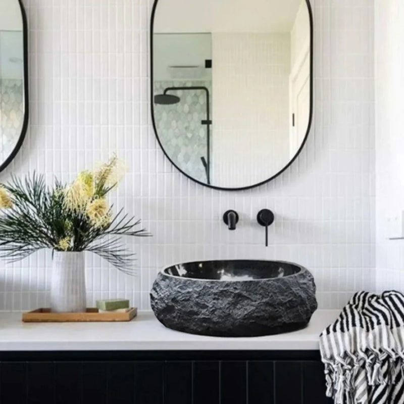 Toros Black Rustic Marble Above Vanity Bathroom Oval Sink (W)14