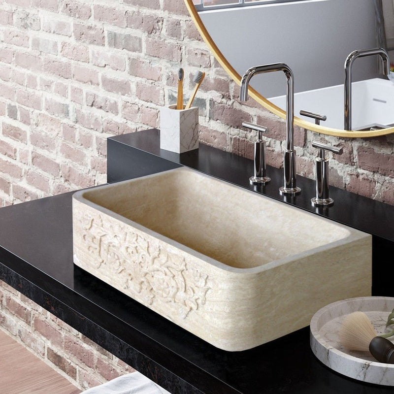 Troia Light Travertine Natural Stone Farmhouse Apron Kitchen Sink (W)18