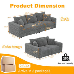 82.7 ' Plush Corduroy 3-Seat Sofa, Modern Comfy Upholstered Sofa Cloud Couch, Deep Seat Couches with Soft Pillows and 3 Ottomans, Convertible Sofa Lounge Chair, for Living Room,Apartment,Office,Grey