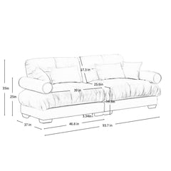 Modern Velvet Two-Seater Sofa with Bolstered Armrests and Pillows, Camel