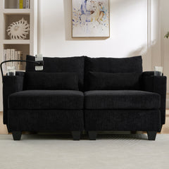 Convertible Chaise Lounge 63' Loveseat Sofa Bed with USB Ports, Cup Holders, Phone Holder & Storage, Black Corduroy
