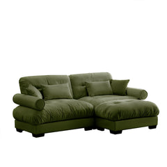 Modern Oversized Velvet Two-Seater Sofa with Ottoman and Round Bolster Armrests in Olive Green