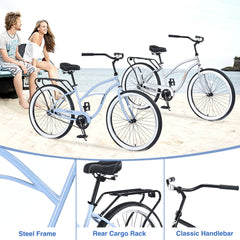 Single Speed Bicycles 26'Inch,Steel Frame, Wide Wheels for Stability, Rear Coaster Brakes,Multiple ColorsWomen's Beach Cruiser Bike