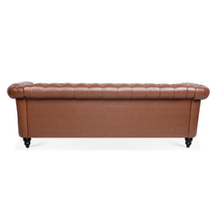 Classic Chesterfield Three Seater Sofa Brown PU Leather with Rolled Arms and Birch Legs 84.65 Inches