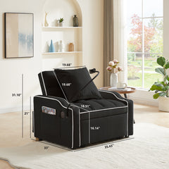 Convertible 3-in-1 Sofa Bed with Multi-Pockets and Adjustable Sleeper in Black Velvet