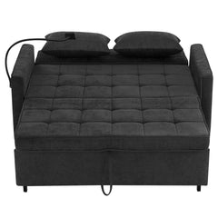 Contemporary 56.9' Loveseat Sofa Bed Sleeper with Reversible Backrest, Side Pockets, USB Ports, Phone Holder, Black Chenille