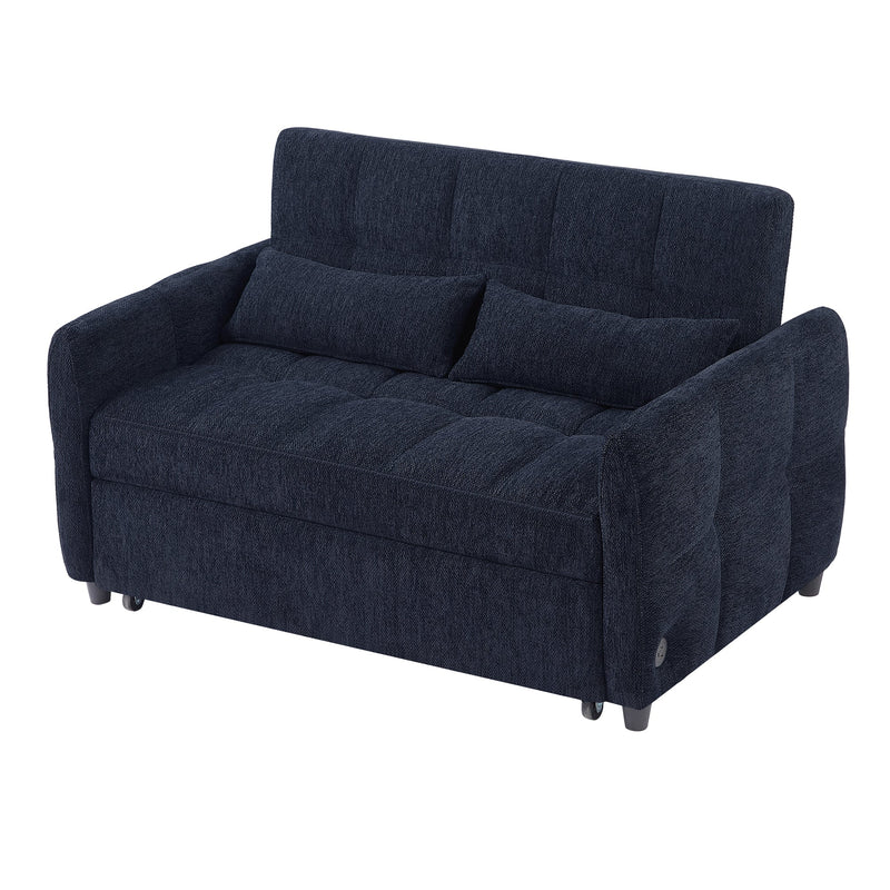 Modern Loveseat Sofa Pull-out Bed with Adjustable Backrest, USB Ports, Lumbar Pillows, Blue Chenille, 52.8'