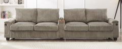 Modern 4-Seater Corduroy Sofa Couch with USB Ports, Hidden Storage Arms, and Flip-Top Cup Holders, Brown, 133 Inches