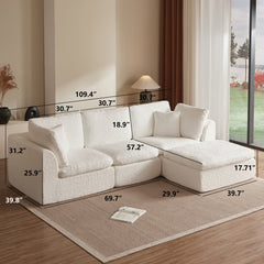 Cloud Style L-Shape Modular Sectional Sofa with Ottoman, 3 Seater Convertible Couch in Warm White, Chenille Fabric, 110' Width